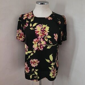 WHO WHAT WEAR Black Floral Print Short Sleeve Crew‎ Neck Blouse Women's Size M